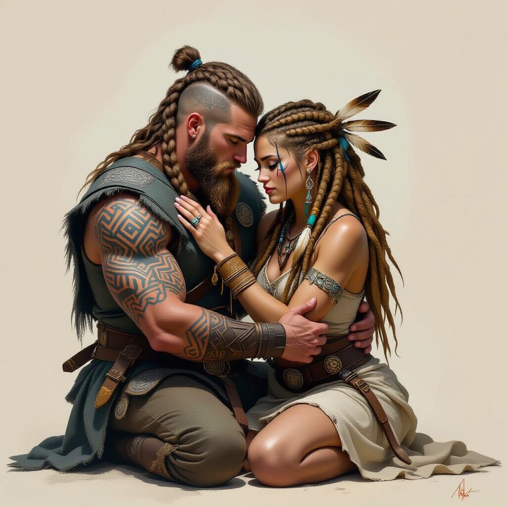 Viking Couple in Tender Embrace: Realistic Fantasy Portrait