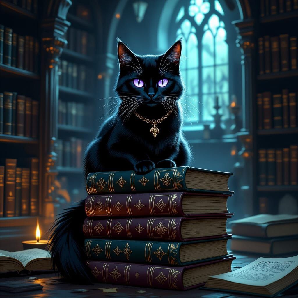 Black Cat Familiar in Dusty Library with Glowing Spellbooks