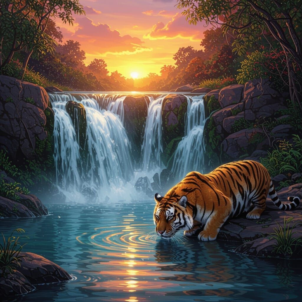 Magical Waterfall With Tiger at Sunset
