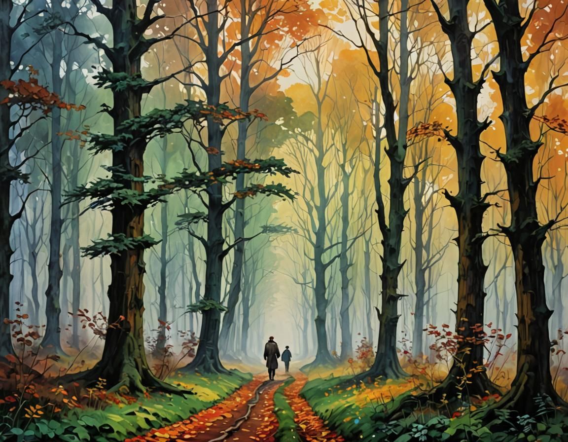 Luminous Forest Walk in Pre-Raphaelite Style