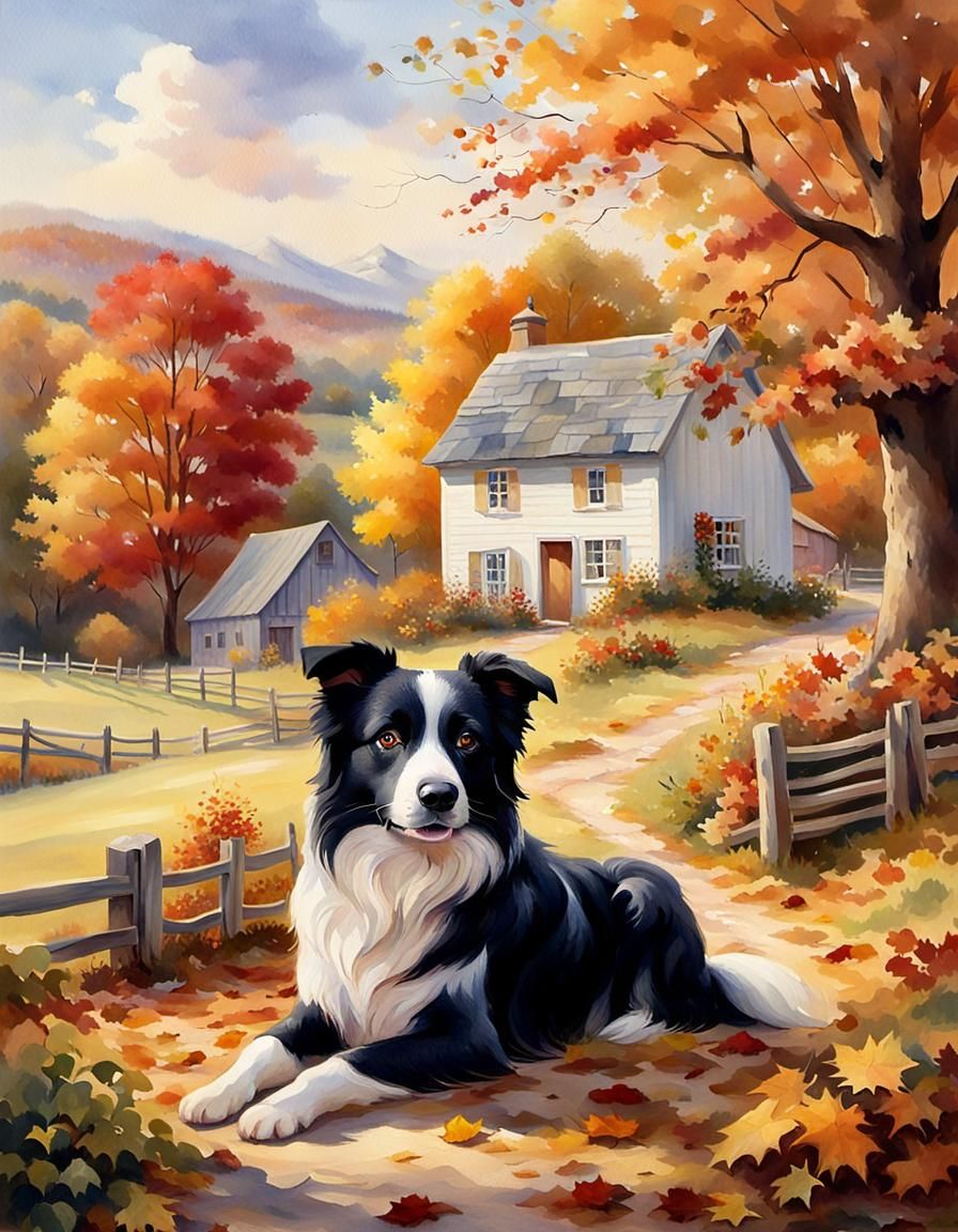 Border Collie in Autumn Landscape as Watercolor Painting