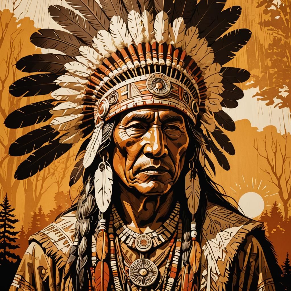 Native American Chief Portrait in Naive Woodcut Style