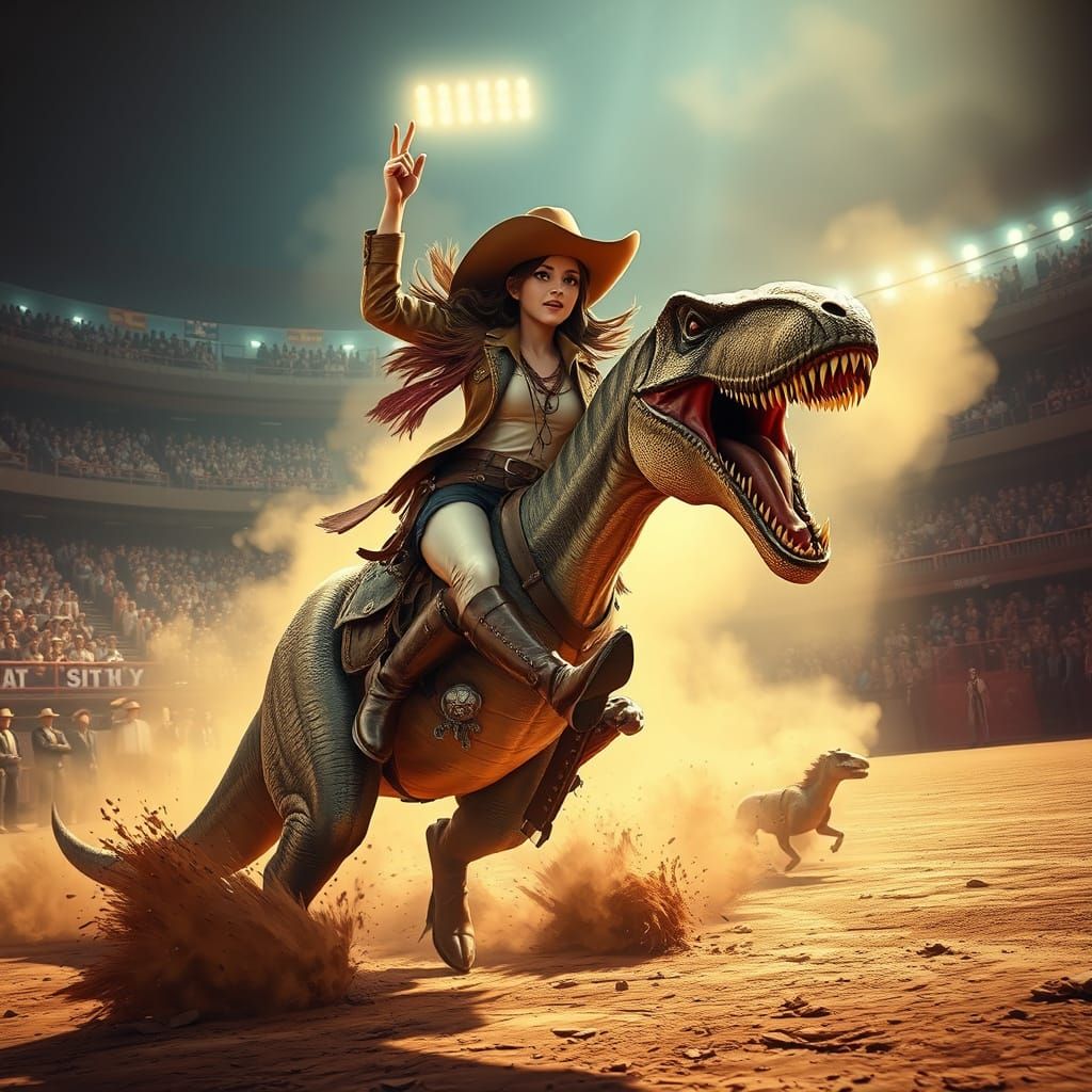Cowgirl Rides T-Rex in Anime 3D Art Style