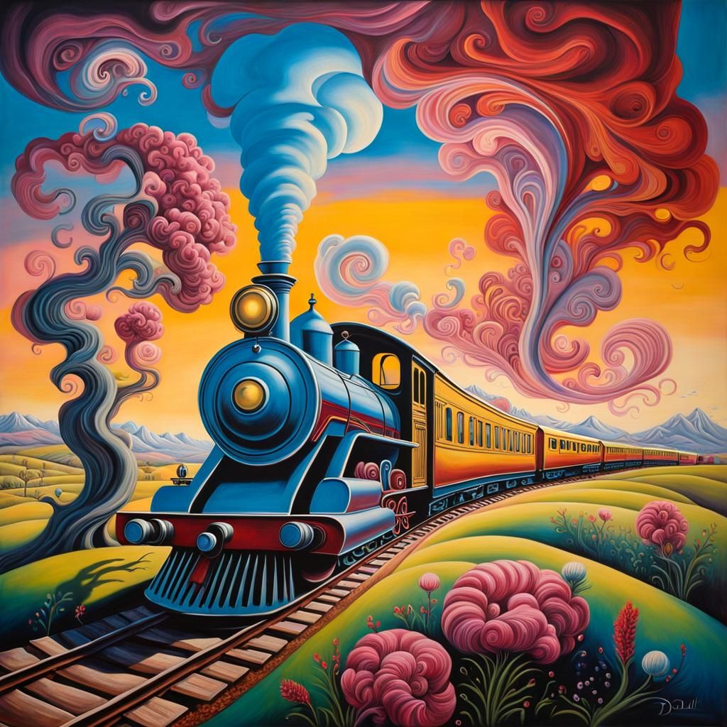 Surreal Train Journey Through Dreamlike Landscape