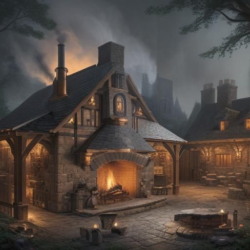 Medieval Blacksmith Shop with Roaring Fire, Detailed Fantasy