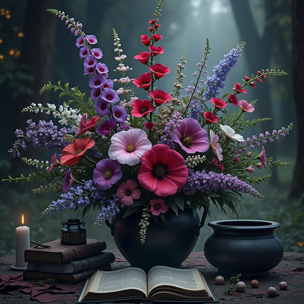 Mystical Bouquet on Witch's Table, Gothic Fantasy
