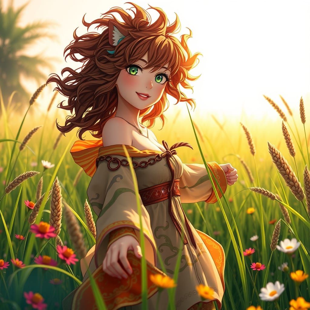 Vibrant Anime Woman in a Sun-Kissed Meadow