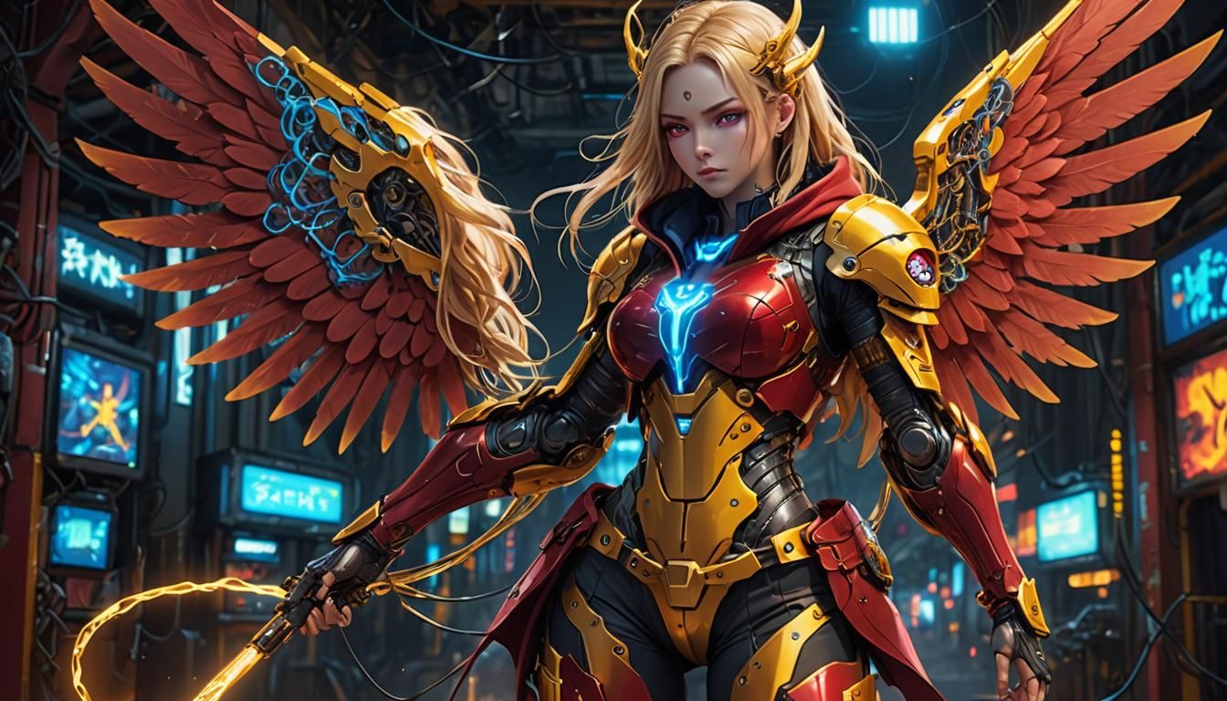 Beautiful Woman in Titan Armor with Neon Wings