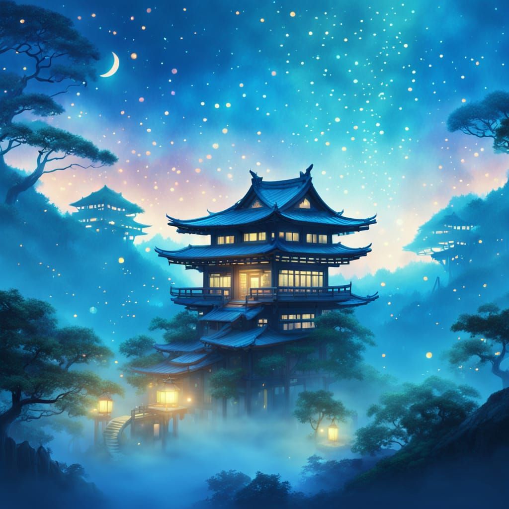 Mystical Japanese House Amidst Vibrant Starry Night