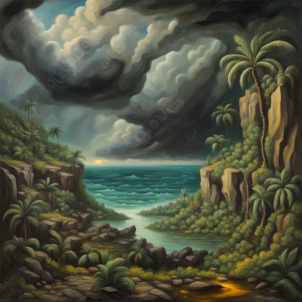 Surreal Jungle Island Hurricane as Oil Painting