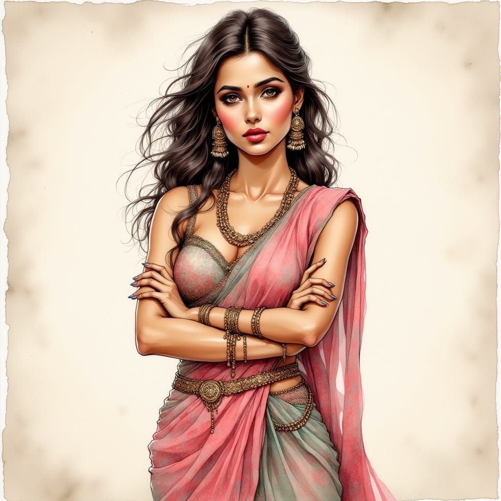 Elegant Indian Woman in Anime Style Line Art