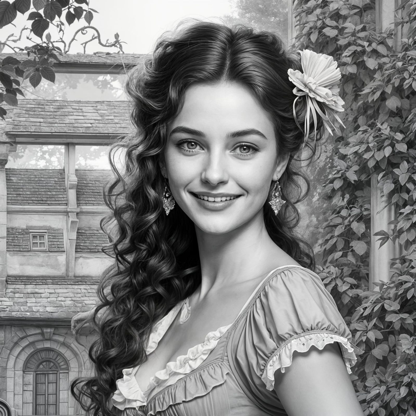 Beautiful happy French lady in a little town