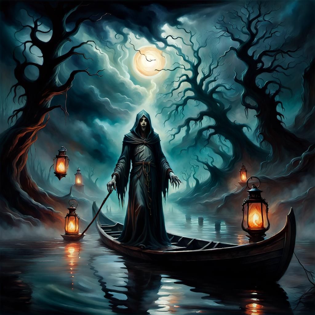 Charon Guiding Souls: A Gothic River Styx Painting