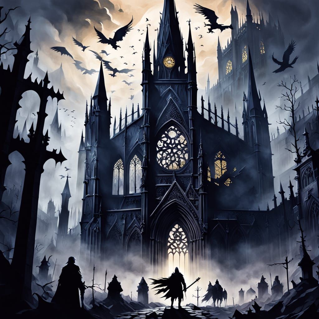 Gothic Cathedral Rising from Mist: Dark Fantasy Illustration