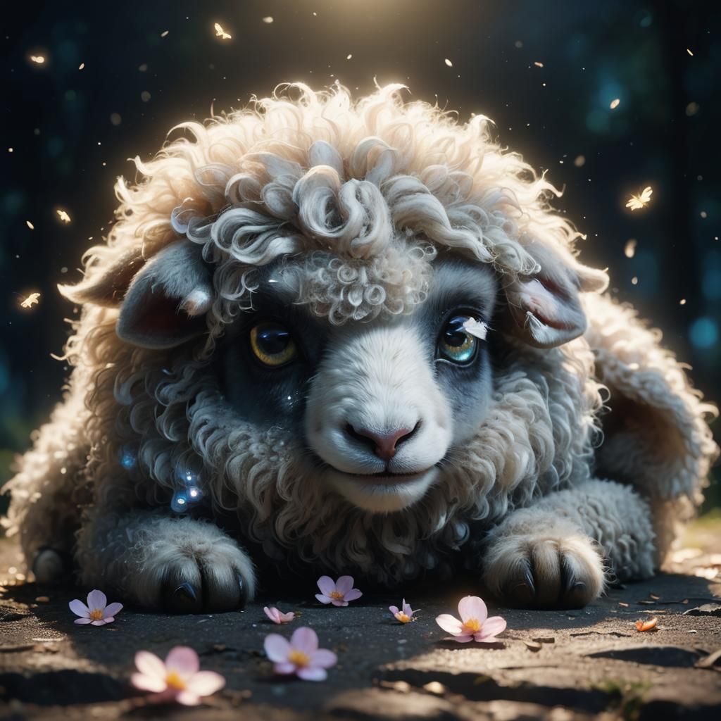 Cute Sheep with Fireflies in Anime Style
