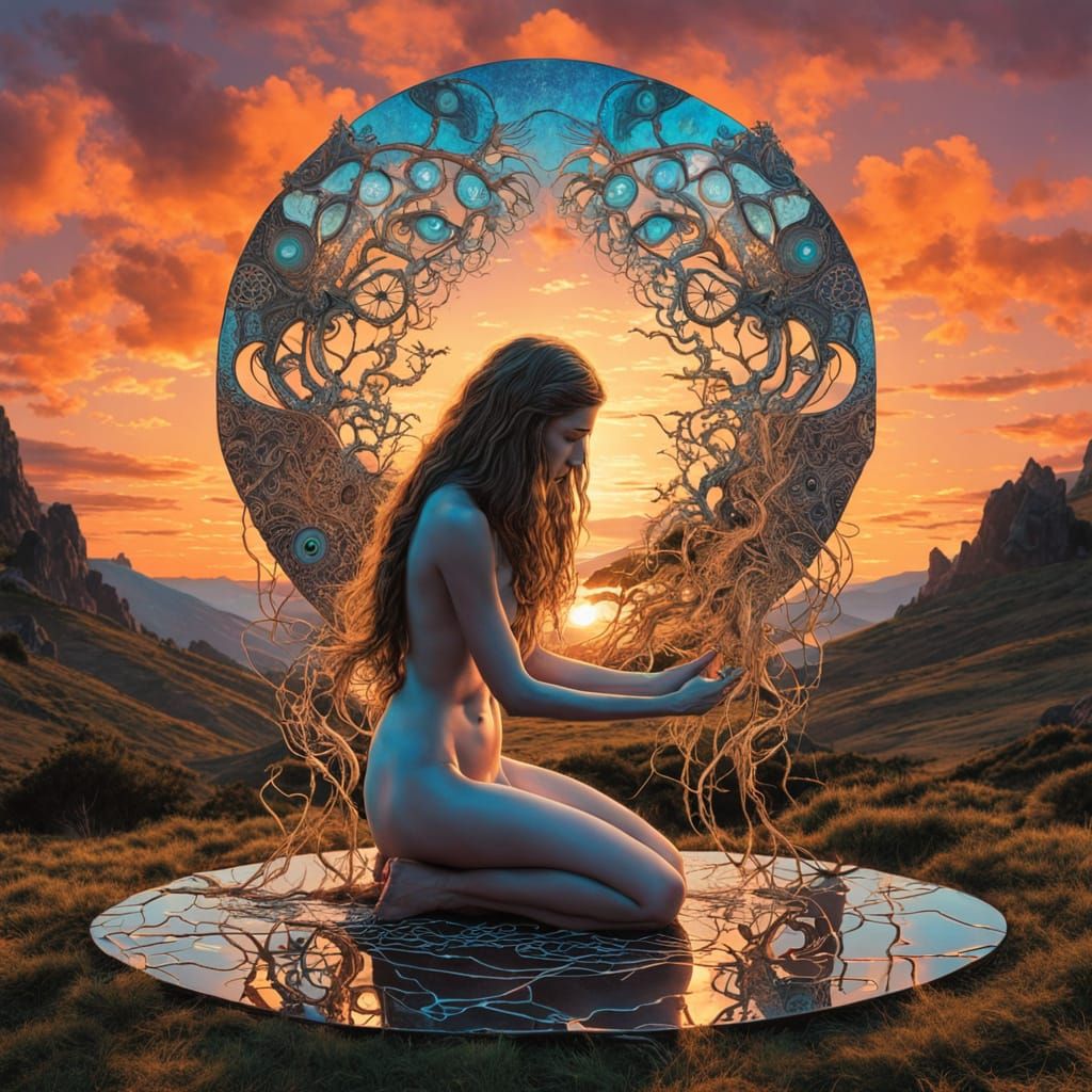 Surreal Fragmented Sculpture of Woman at Sunset