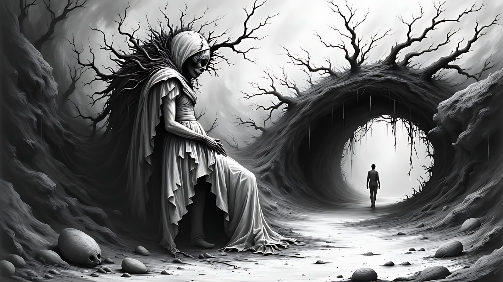Sinister Nightmare Realm in Black and White