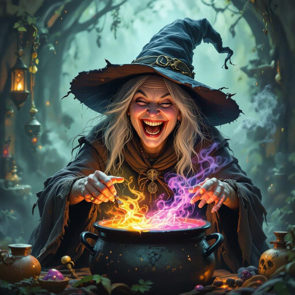 Laughing Crone Mixing Potion, Whimsical Fantasy Art