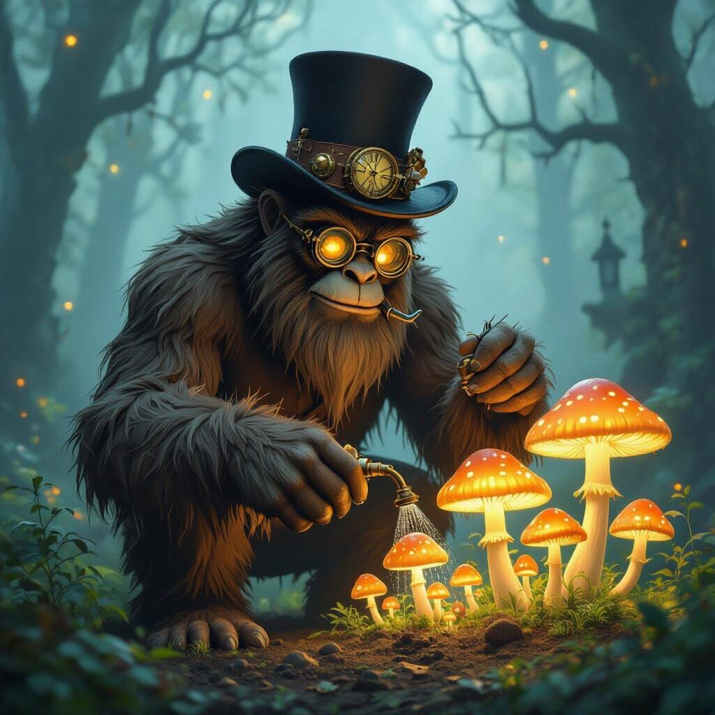 Steampunk Sasquatch Tends Glowing Mushroom Garden