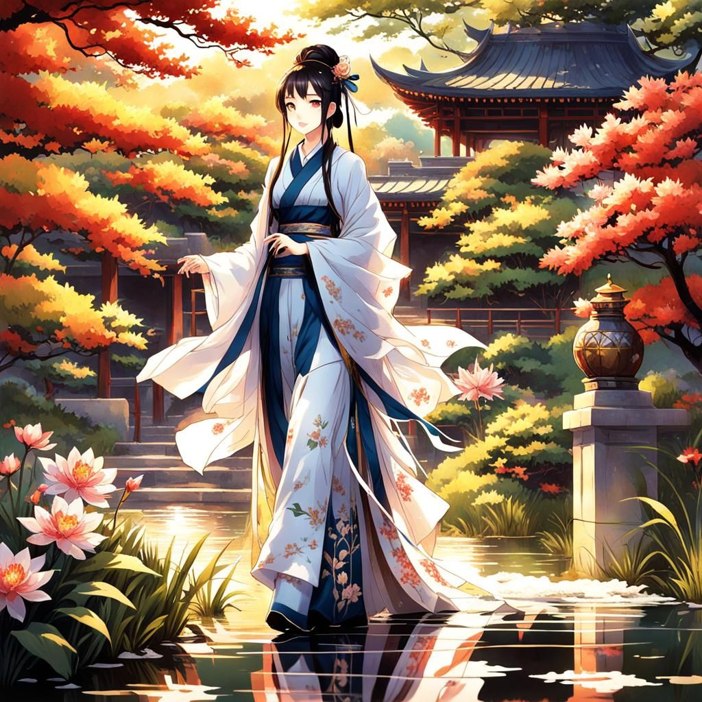 Stylish Woman in Ancient Chinese Garden: Anime Art