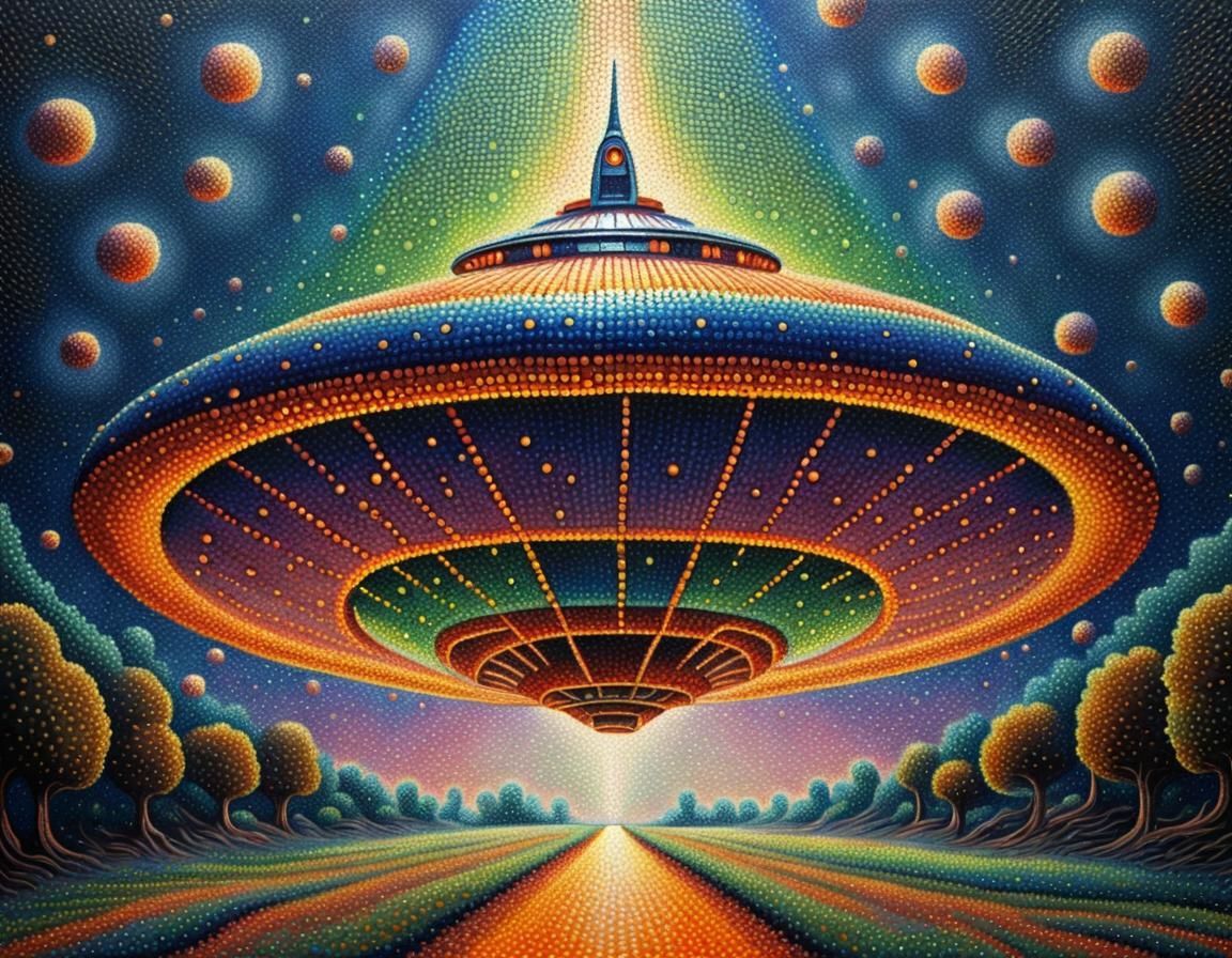Alien Spaceship in Kinetic Pointillism Style