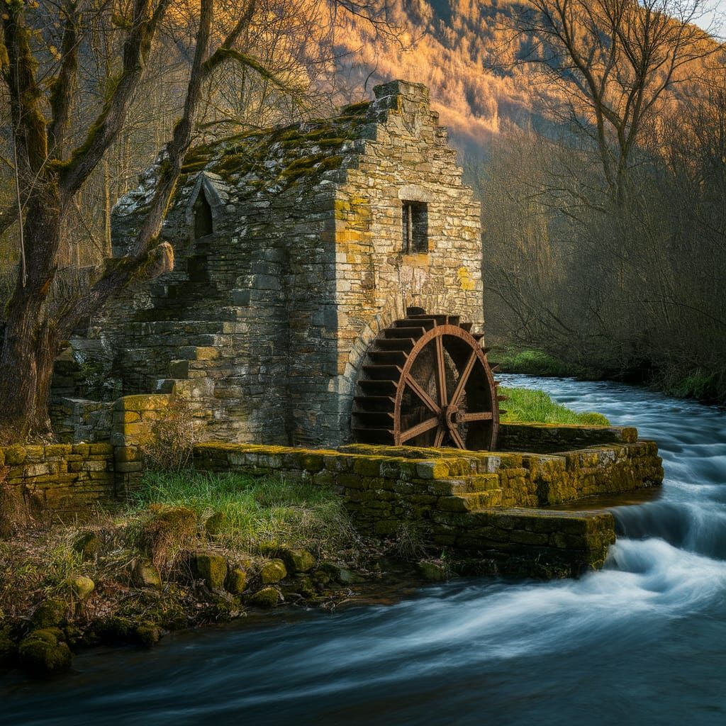 Ancient Stone Water Mill in a Woody Mountain River Landscape