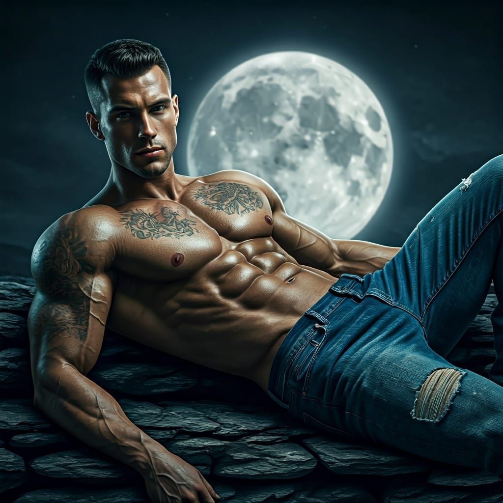 Handsome Man Relaxing Under Moonlight, Surrealist Painting