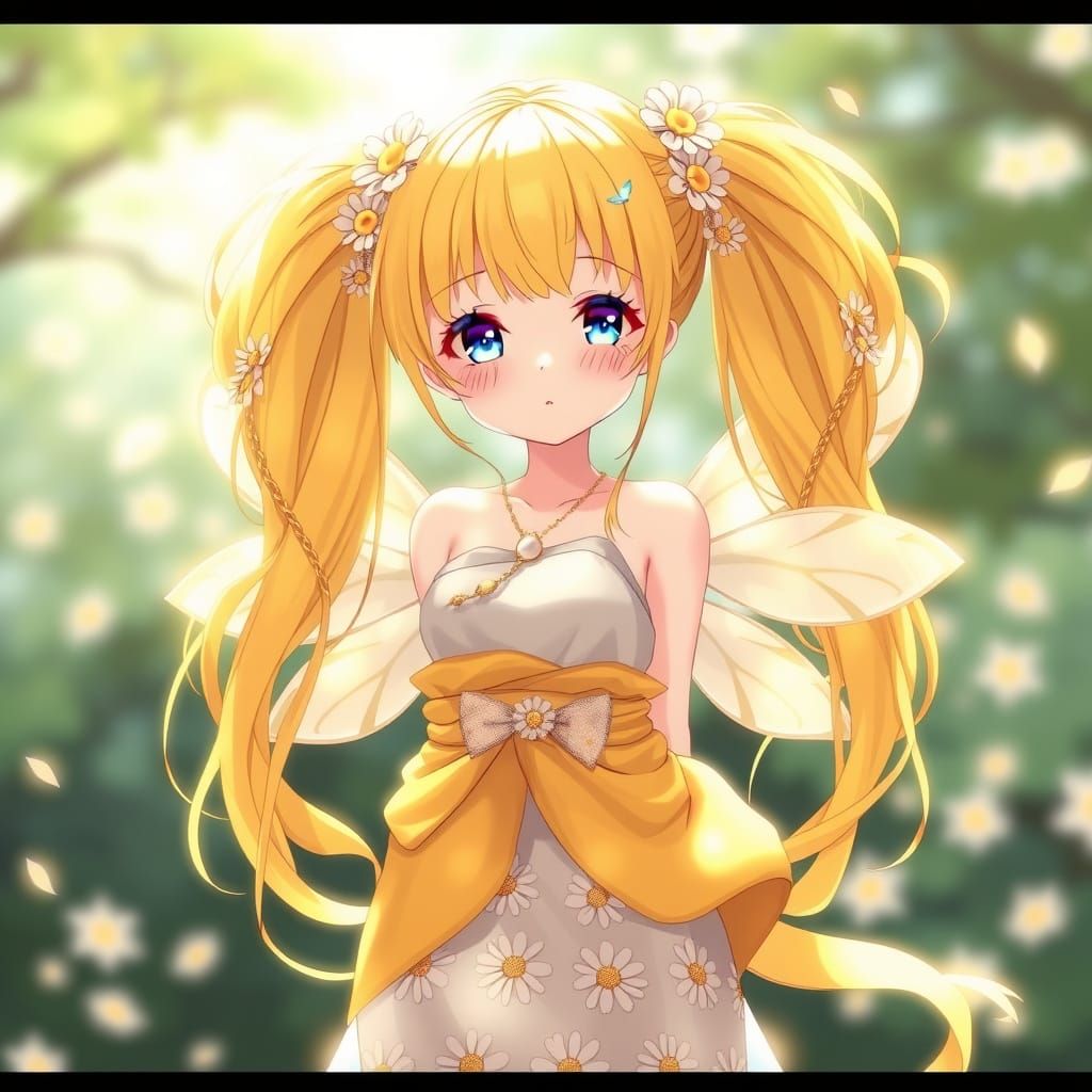 Anime Girl in Floral Sarong with Delicate Hairpins and Fairy...