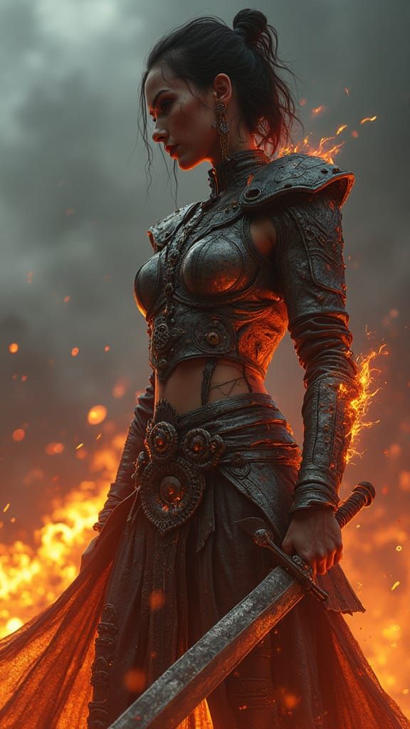 Fiery Warrior Muse in Couture Armor, Cinematic Style