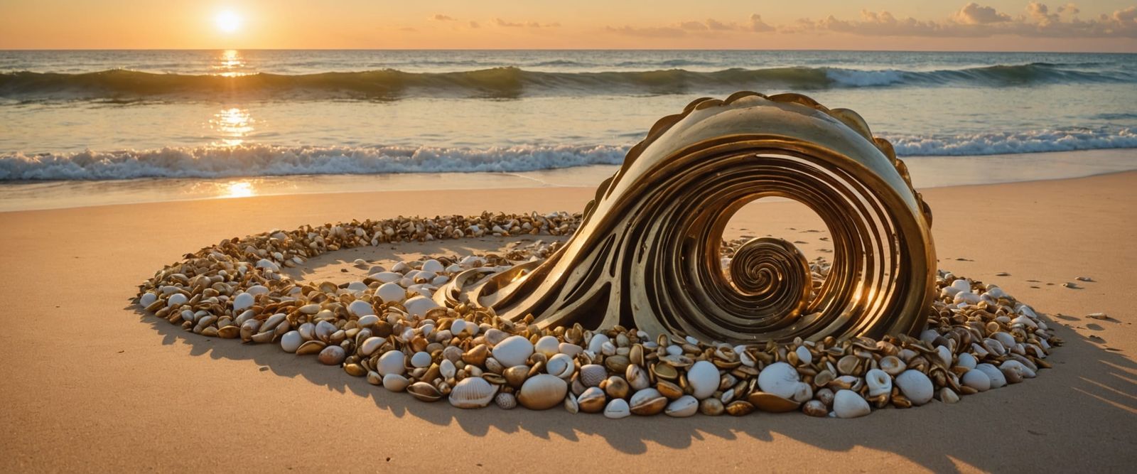 Gilded Wave Sculpture on Sandy Beach at Sunset
