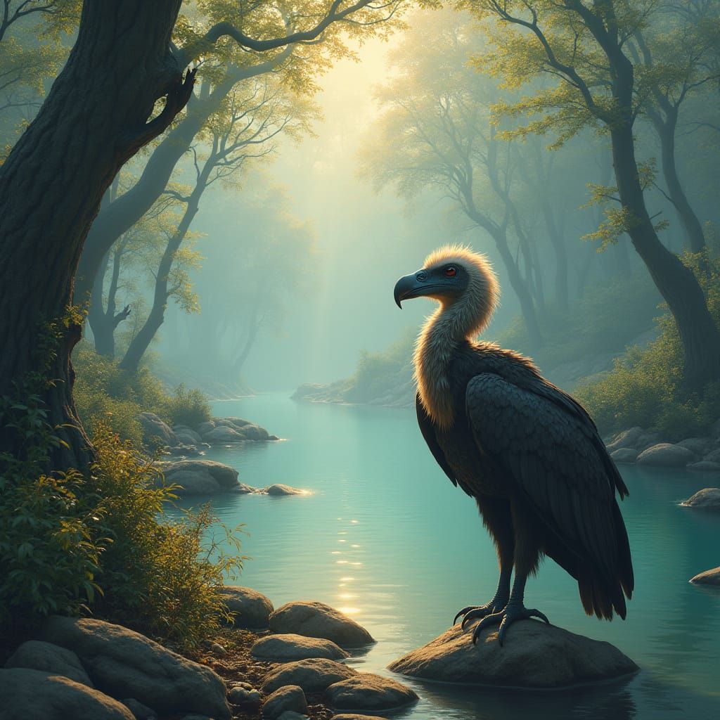 Majestic Bearded Vulture in Whimsical Lake Landscape