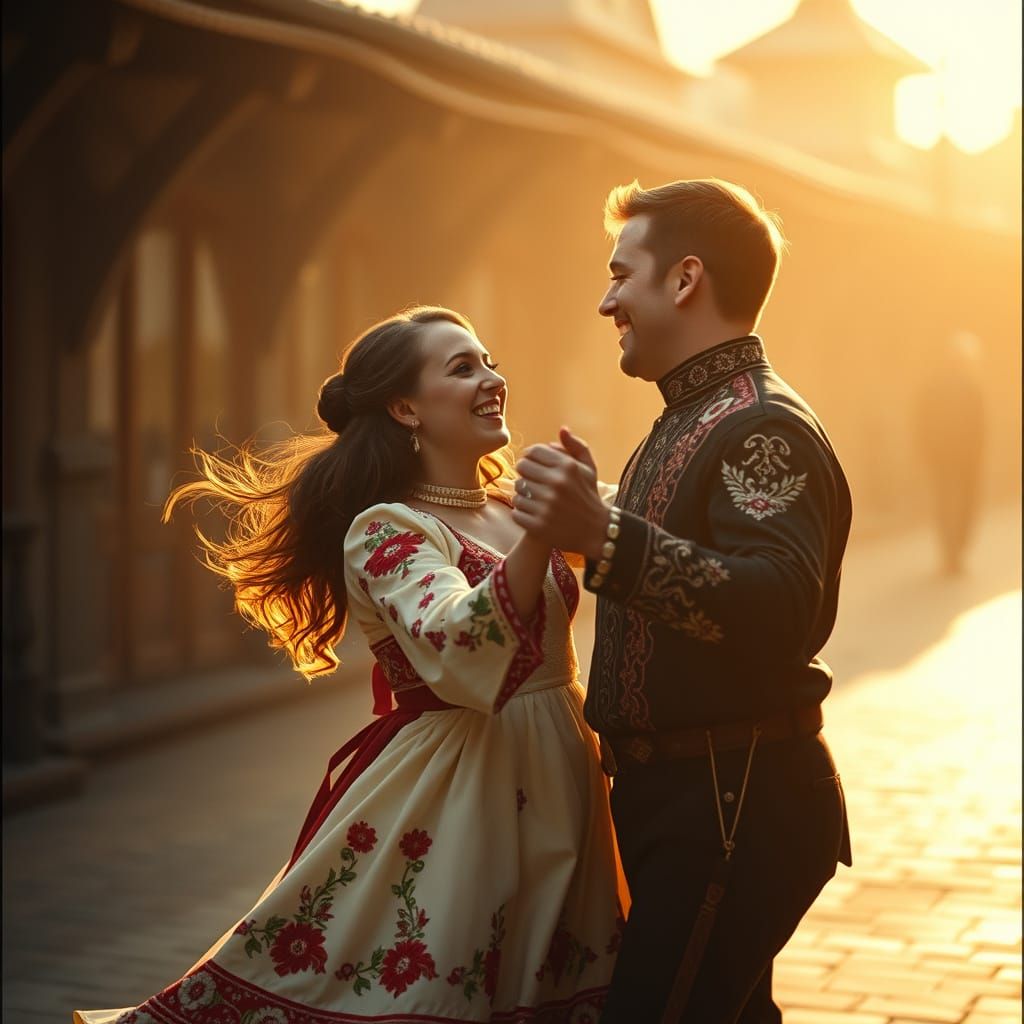 Handsome Couple Dancing in Traditional Russian Attire