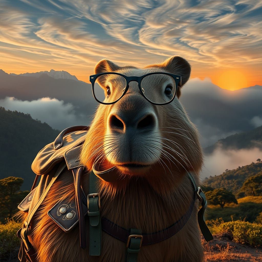 Capy in a Cinematic Landscape with Worn Leather Backpack