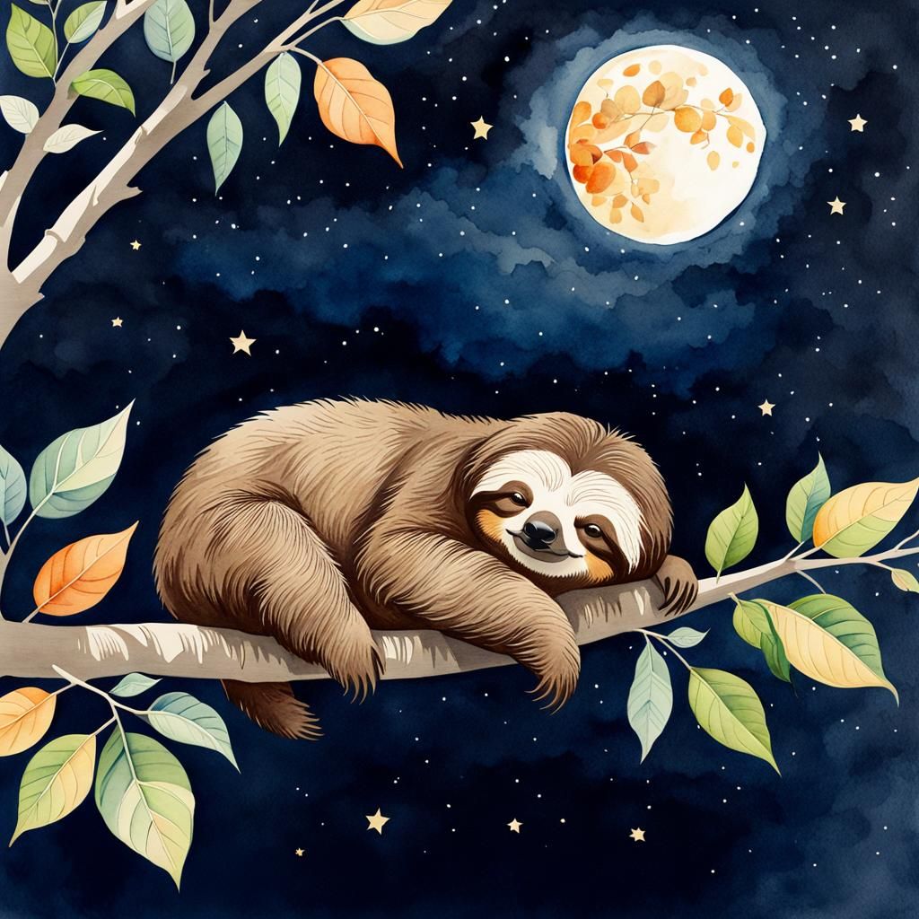 Sloth Asleep in Gauche Watercolour Under Moon