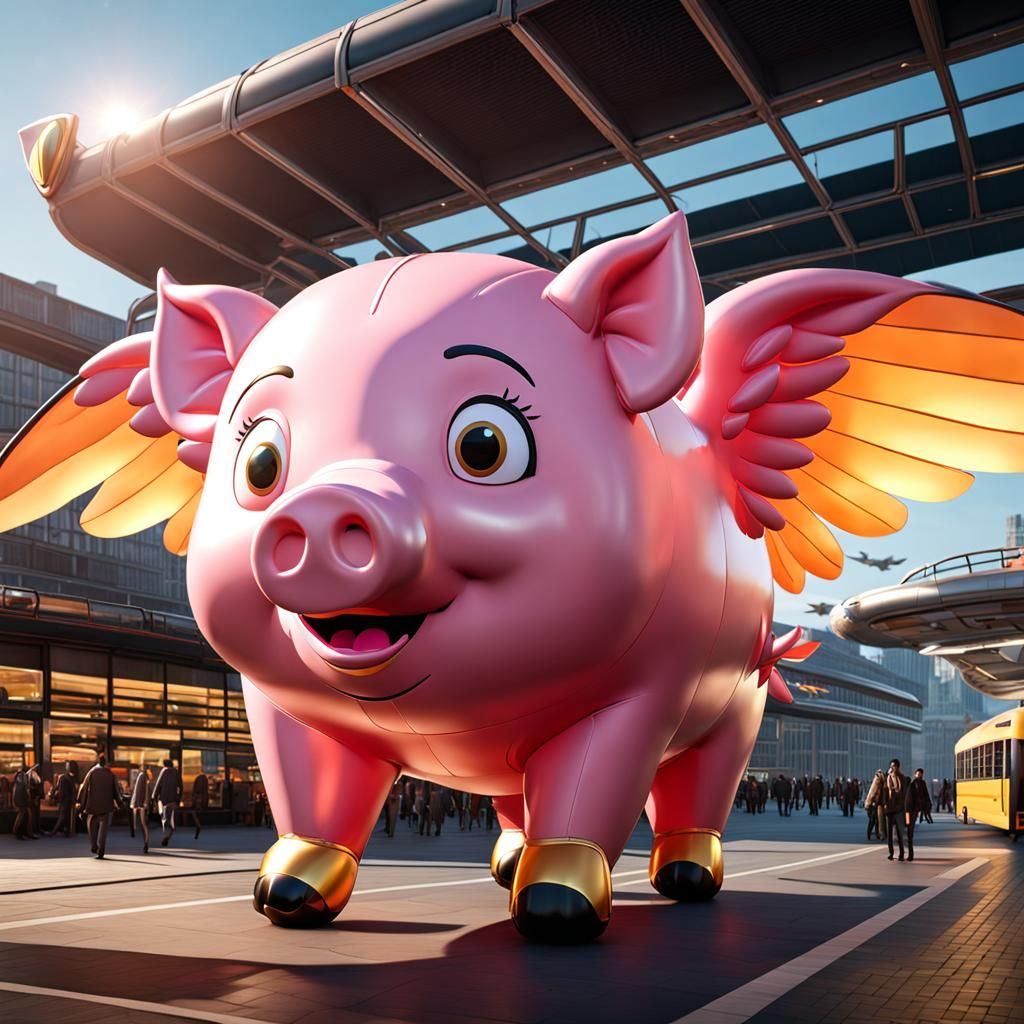 Winged Inflatable Pig Flies Over Bus Station
