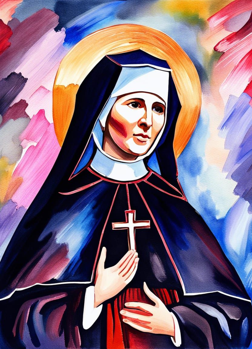 Saint Faustina Kowalska as Gouache Style Painting