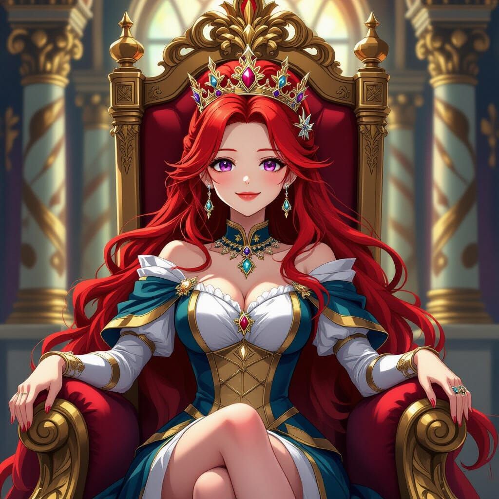 Proud Queen on Ornate Throne in Hyper-Realistic Anime Style