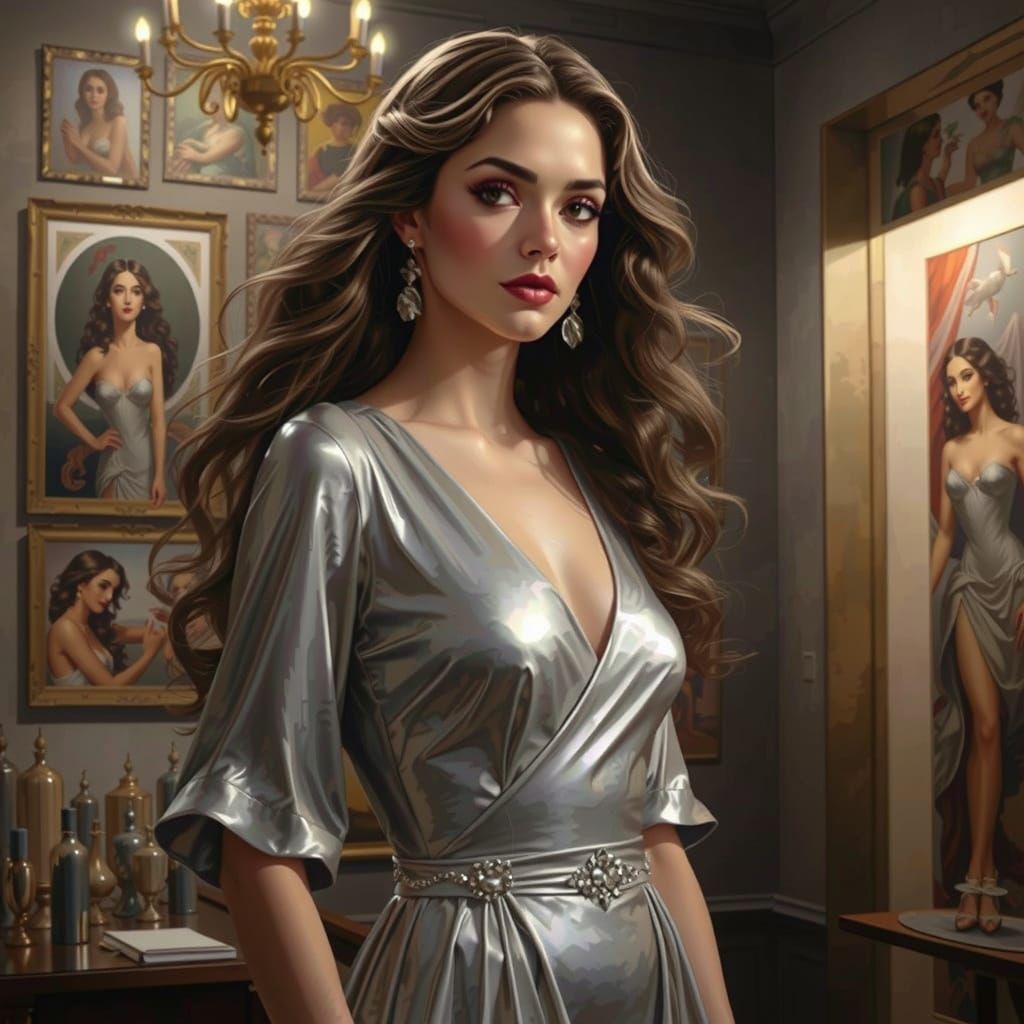 Confident Woman in Ornate Room with Oil Paintings