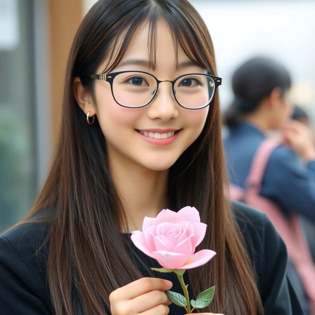 Japanese Girl with Pink Rose
