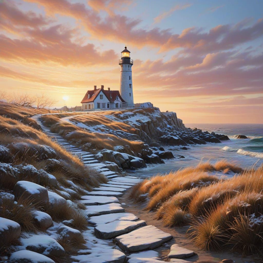 Lighthouse Set Ablaze by Golden Winter Sunset