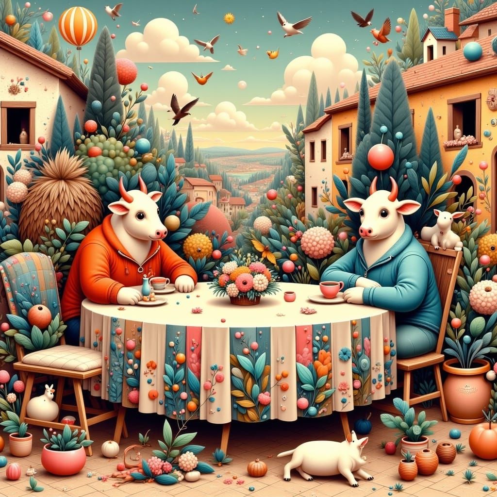 Cows at Coffee Table: Pop Art Minimalism