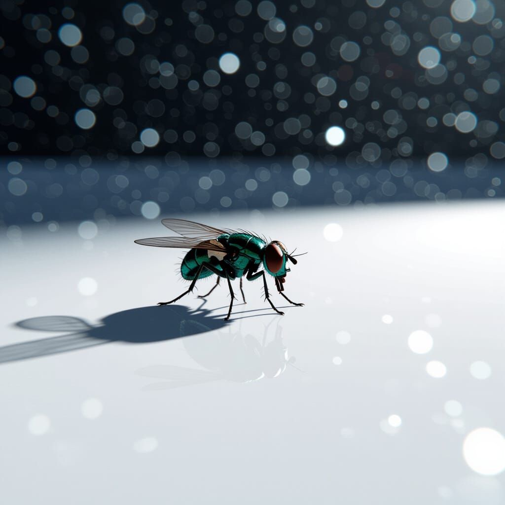 Fly Crawling on White Screen in Digital 3D Photo