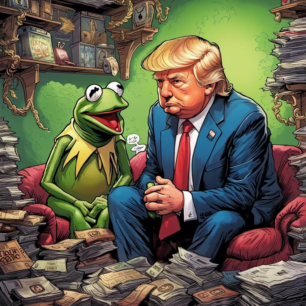 Donald Trump revealing secrets to Kermit the frog