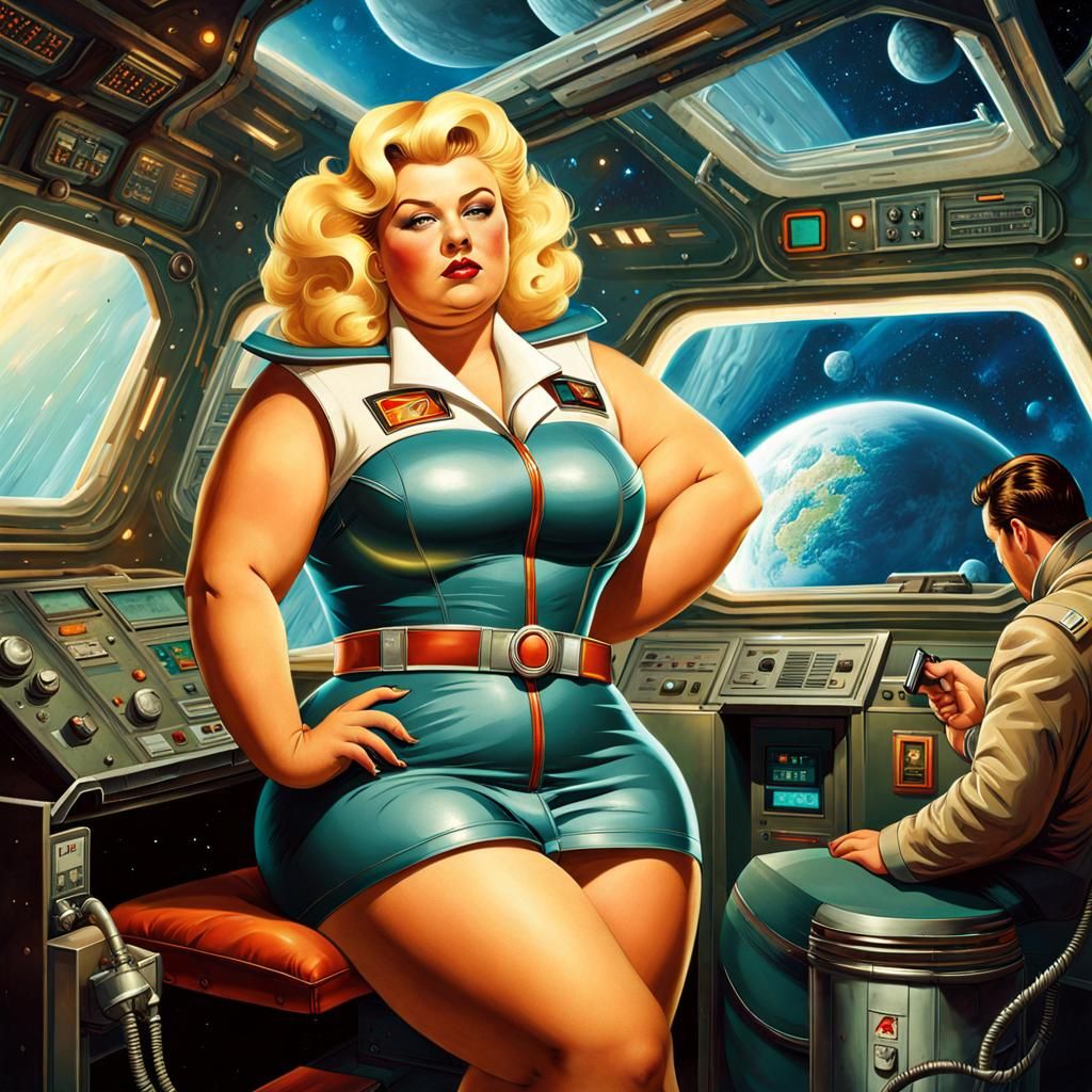 Plus-Size Woman in Retrofuturistic Pulp Cover Art