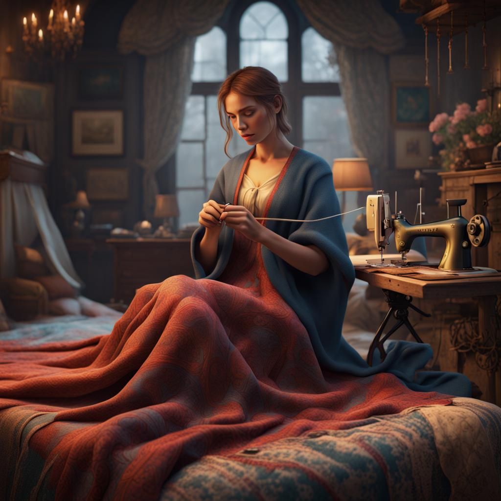 Woman Embroidering Detailed Pattern: Fantasy Concept Art