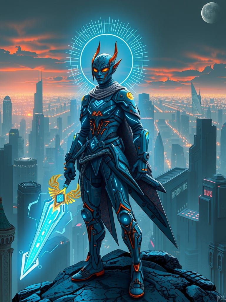 Elegant Warrior Elf in Cyberpunk Armor