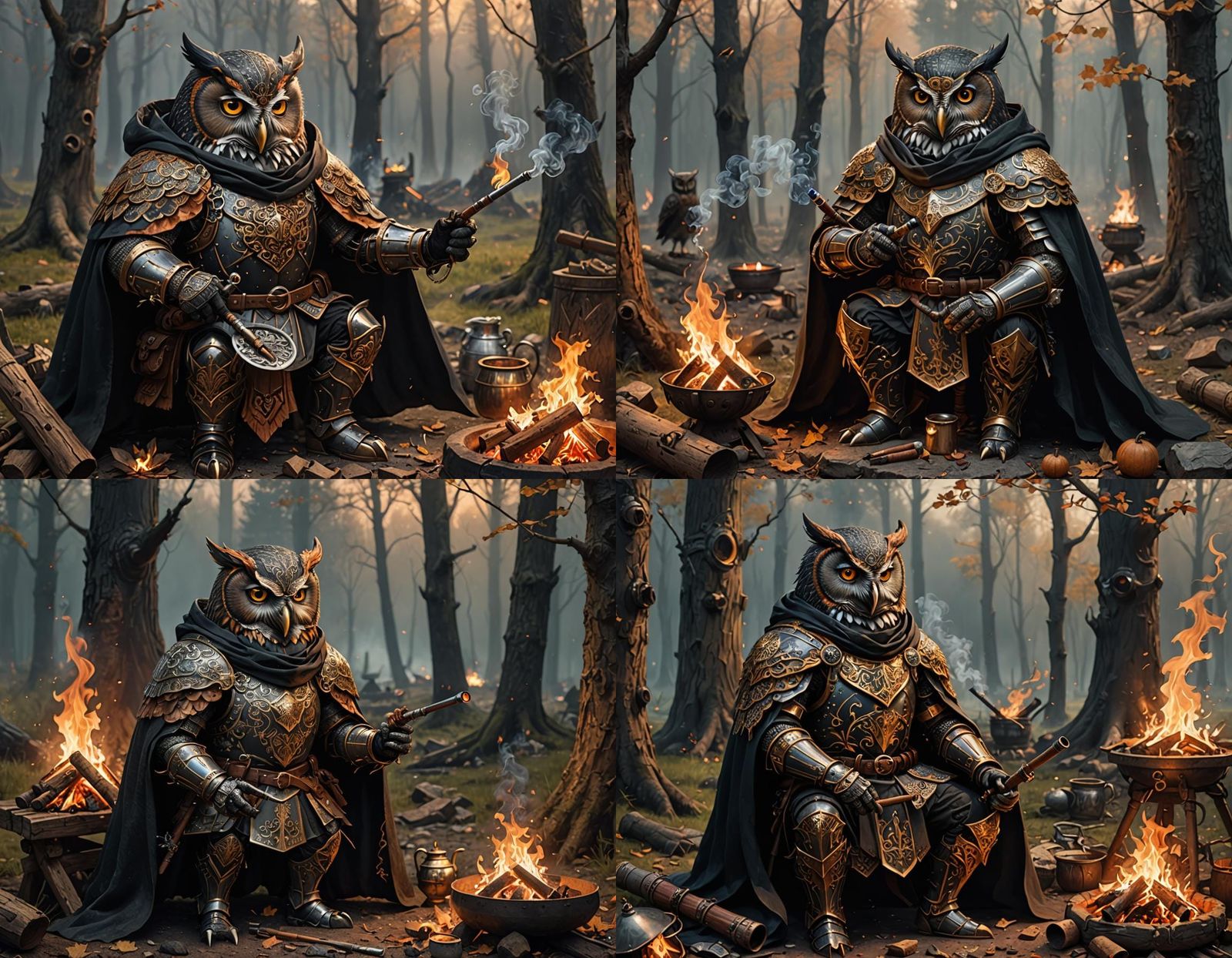 Owl-folk Knight in Ornate Armor by Campfire