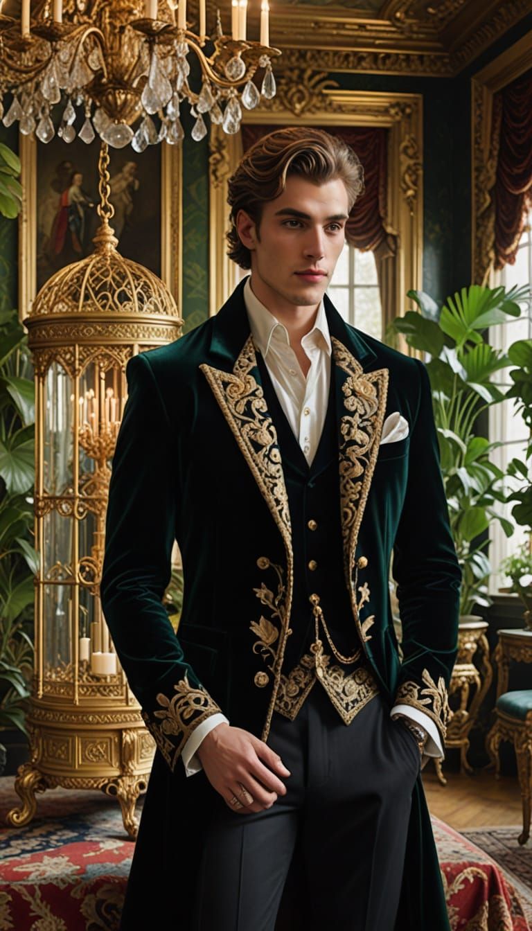 Elegant Gentleman with Golden Bird in Lavish Palace