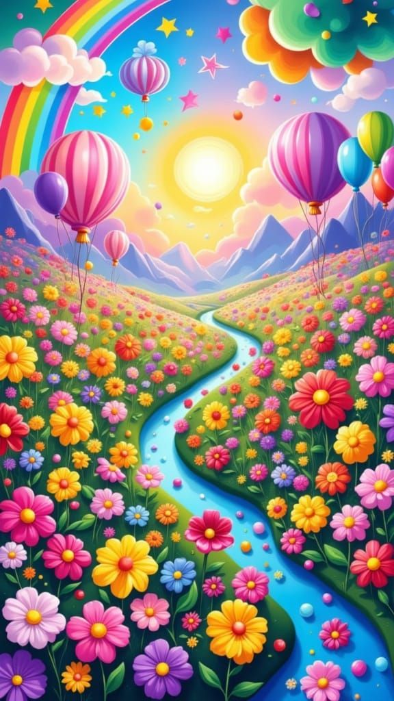 Vibrant Fantasy Flower Meadow with Rainbow