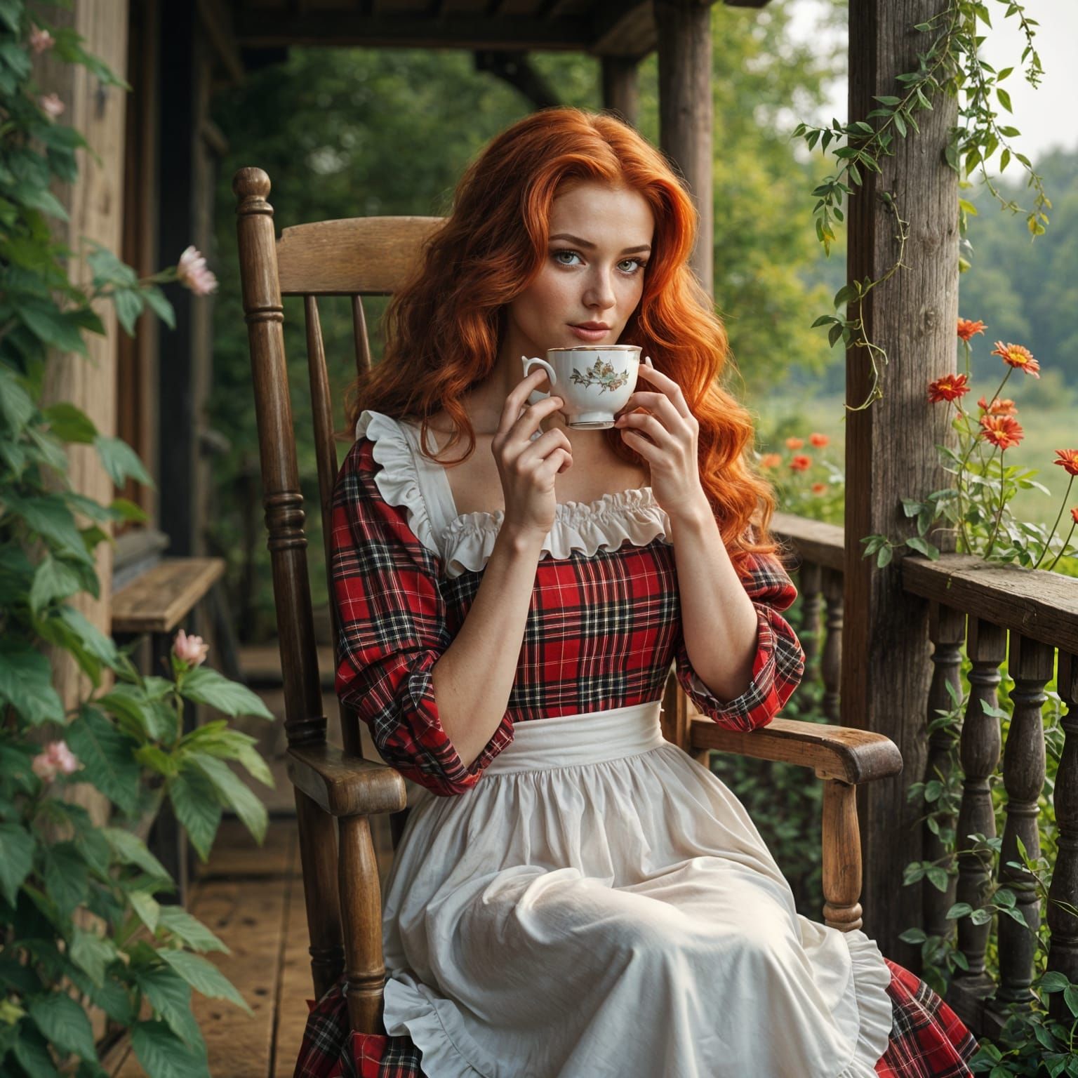 Scottish Lady Enjoying Morning Tea on Porch